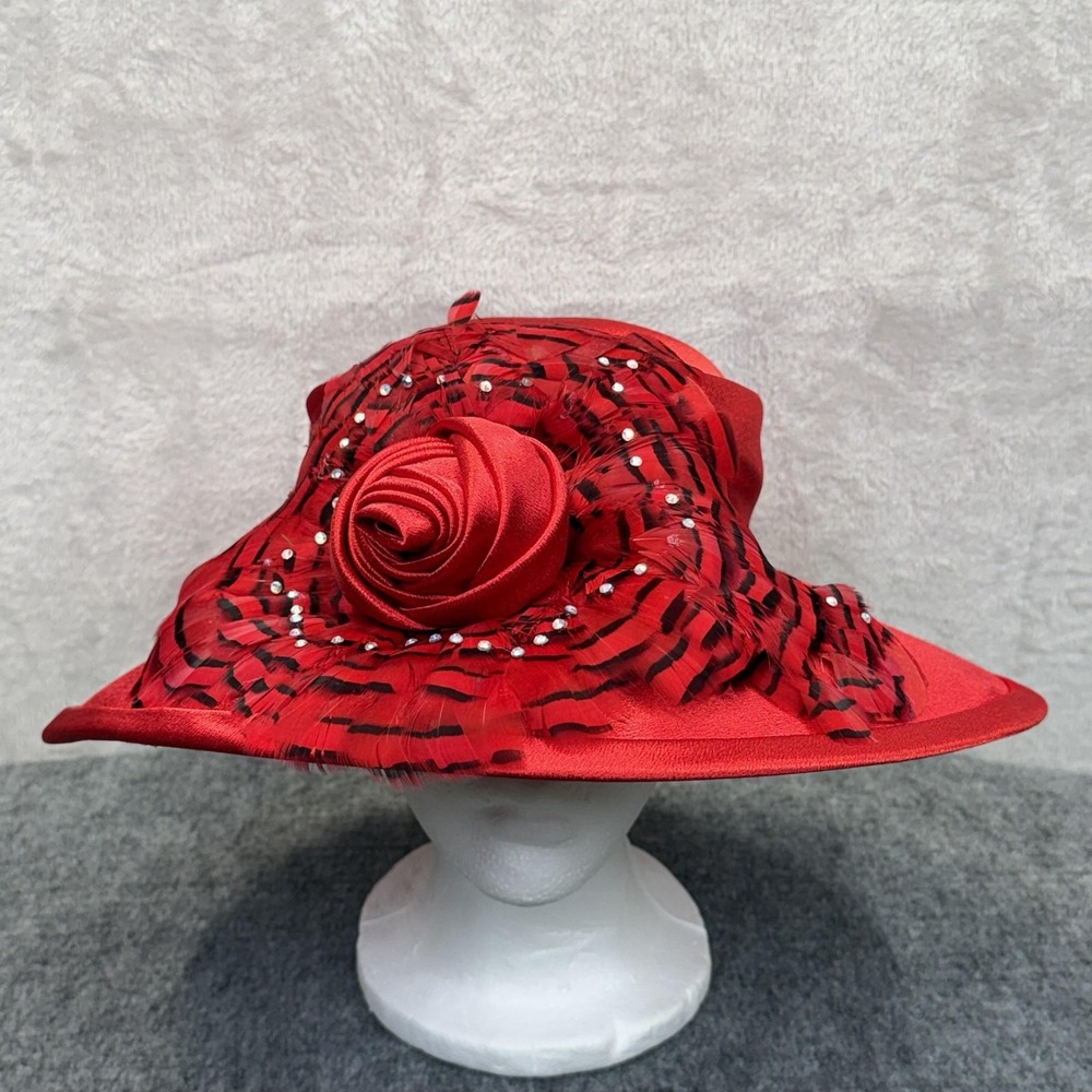 Mr. Hi's Classic Hat Sun Womens OS‎ Red Derby Satin Wide Brim Ruffle Rhinestone